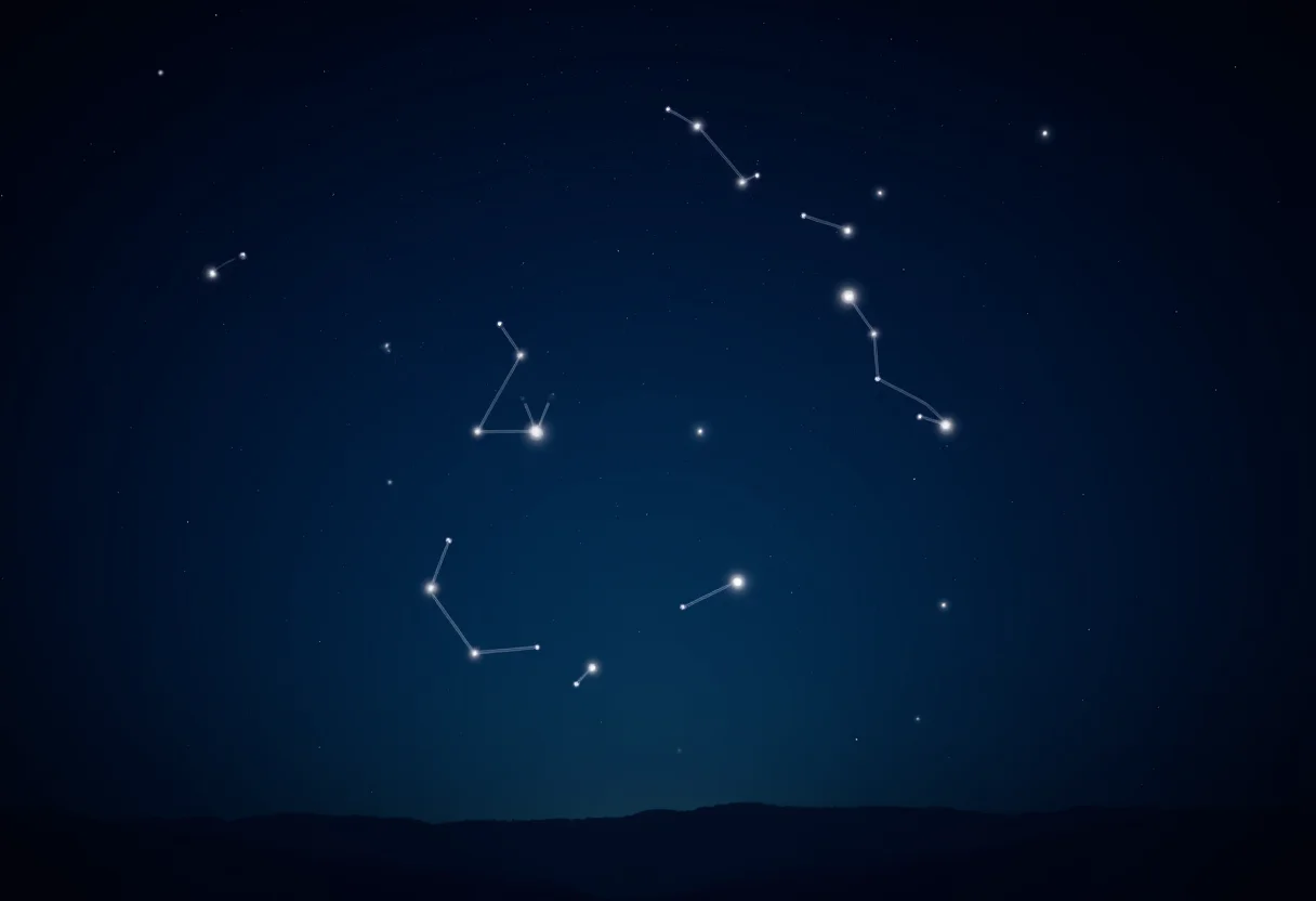 Imagem do céu noturno com constelações representando os signos do zodíaco.