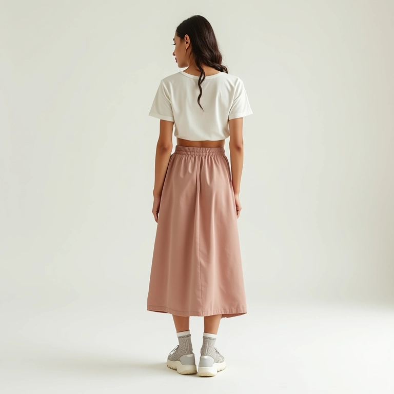 Influenciadora brasileira vestindo roupas Amaro, saia midi e tênis estilosos em estúdio minimalista.