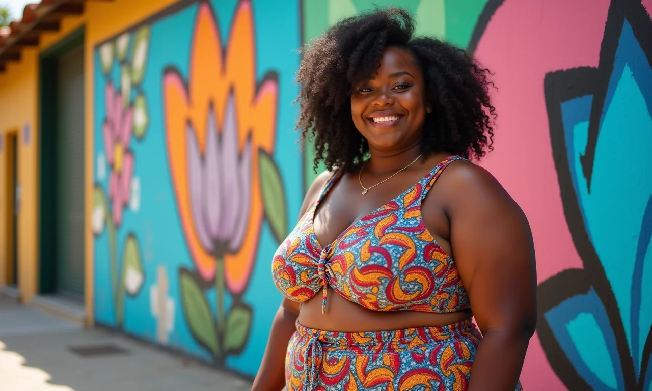 Influenciadora plus size vestindo roupa colorida em frente a arte de rua vibrante, celebrando a positividade corporal.