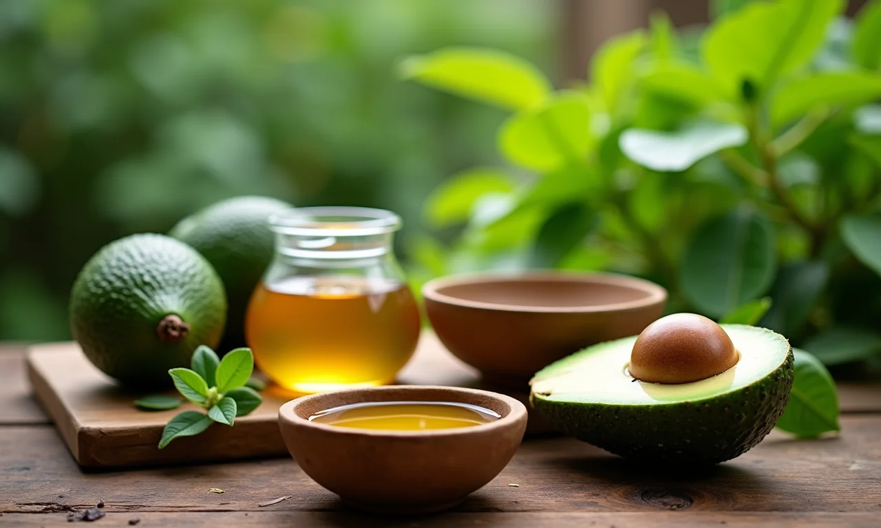 Ingredientes da máscara capilar de abacate e mel: abacate, mel e azeite.