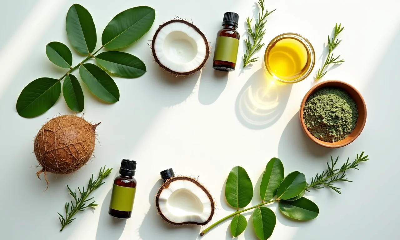 Ingredientes naturais para shampoo sólido detox: argila verde, óleo de coco e óleos essenciais.