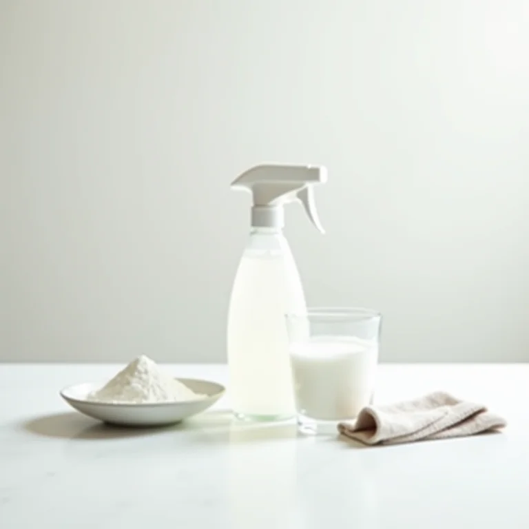 Ingredientes para a receita caseira de limpeza do box: vinagre, bicarbonato e pano de microfibra