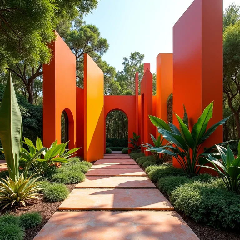 Instalação de arte moderna em Inhotim cercada por jardins exuberantes