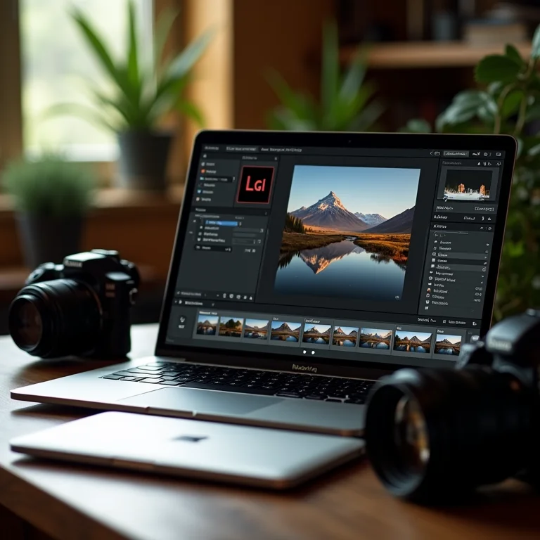 Interface do Adobe Lightroom exibida em um laptop com equipamentos de fotografia.