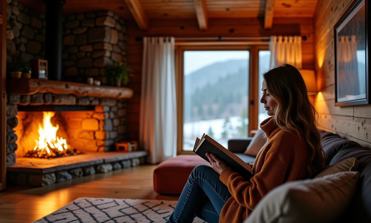 Interior aconchegante de cabana em Ushuaia com lareira.