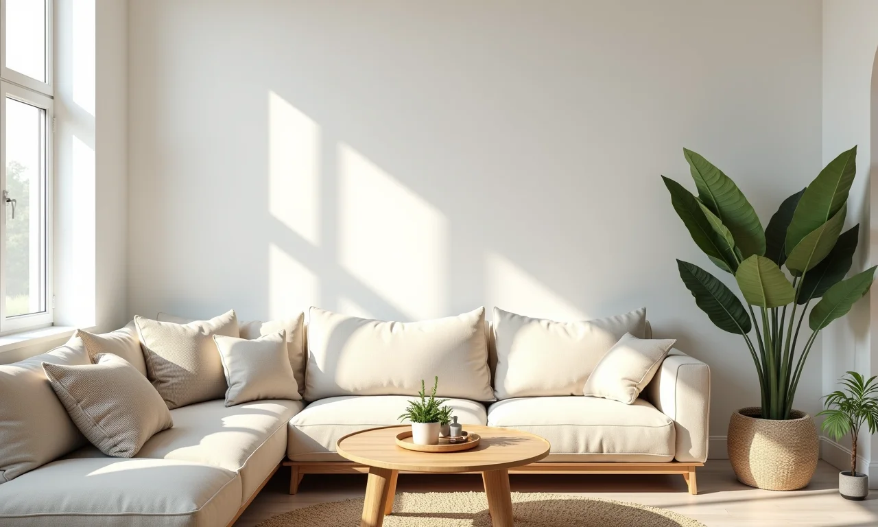 Interior de casa de praia com paredes brancas, sofá bege e tapete de palha