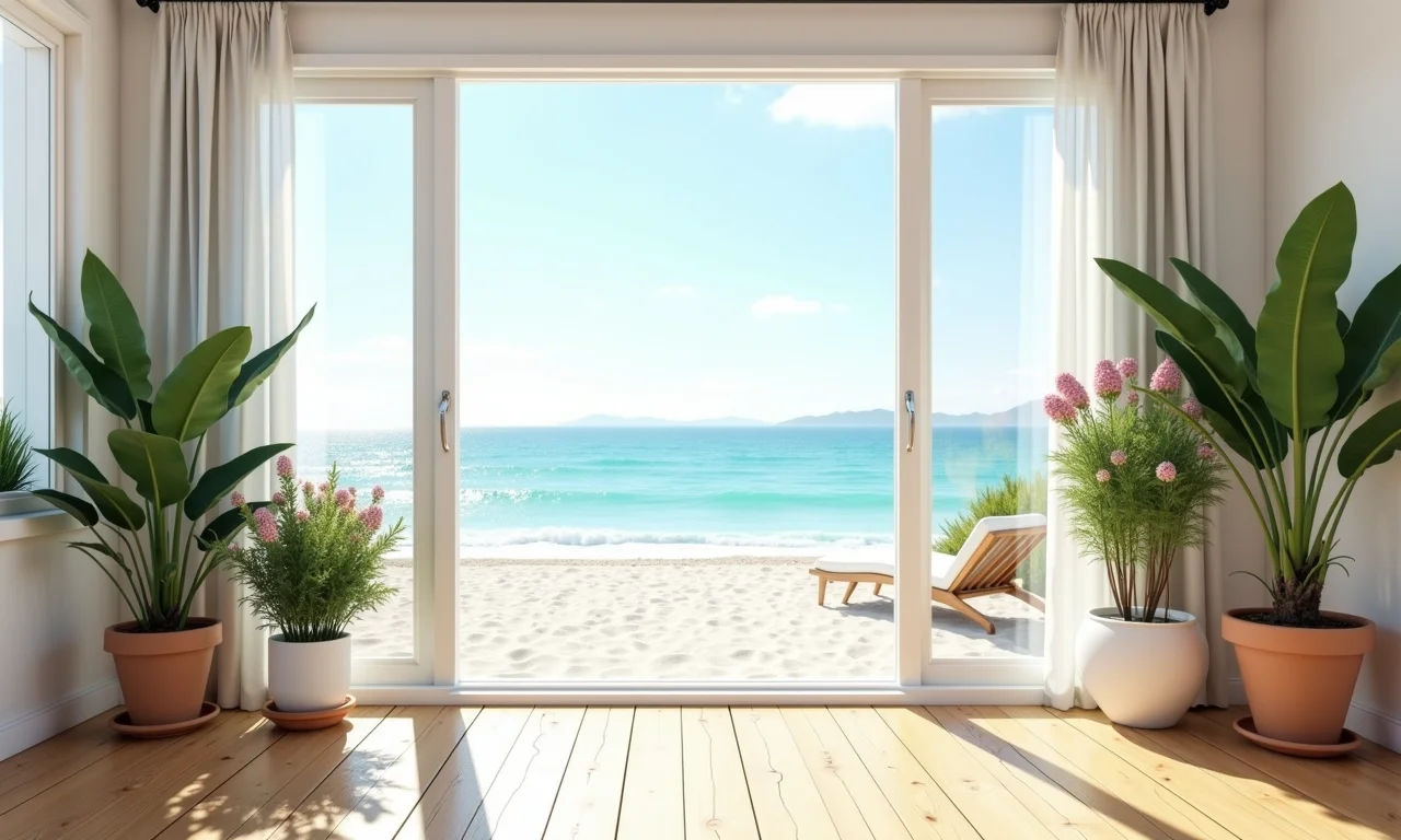 Interior de casa de praia com plantas em vasos e flores coloridas