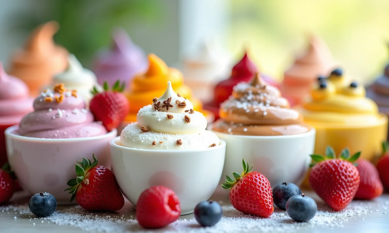 Iogurtes com frutas e coberturas açucaradas, foco no açúcar presente.
