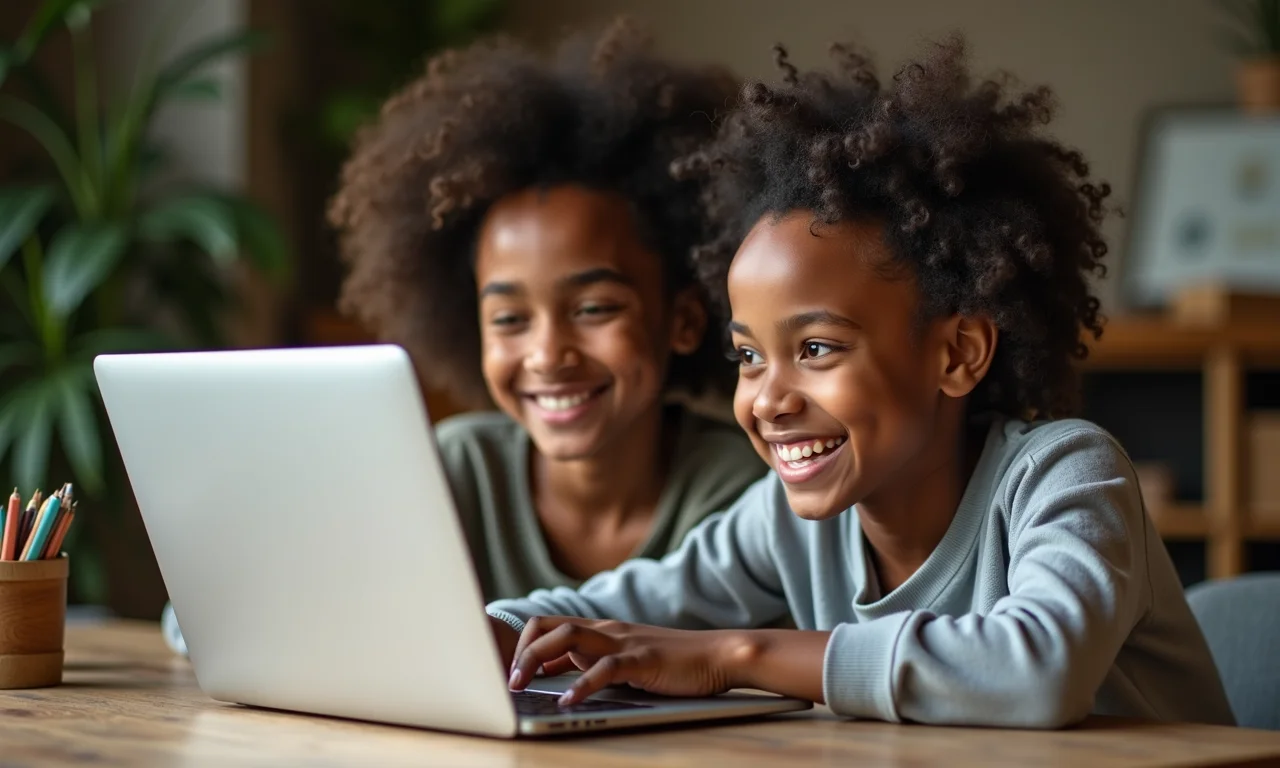 Irmãos adultos em videochamada, sorrindo.