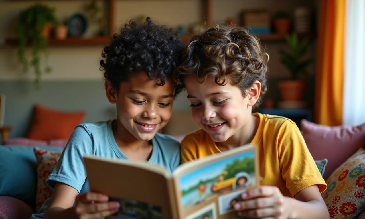 Irmãos adultos olhando álbuns de fotos antigos juntos.