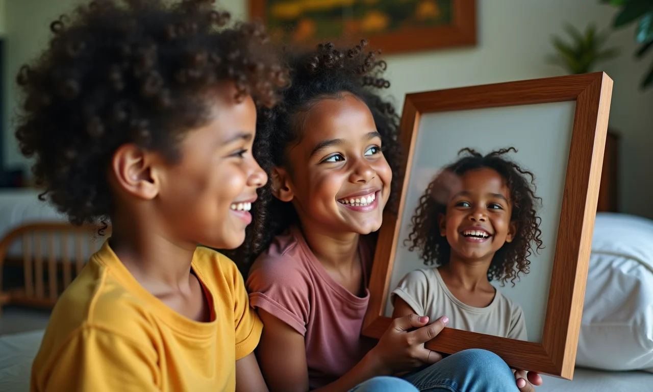 Irmãos adultos olhando para uma foto de família emoldurada, sorrindo.