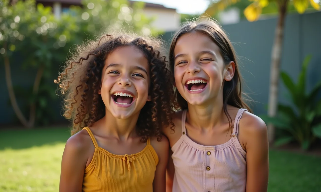 Irmãos adultos recriando uma foto da infância, rindo juntos.