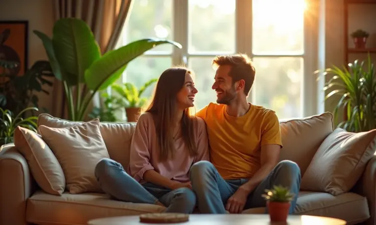 Irmãos adultos rindo juntos em sala de estar brasileira ensolarada.