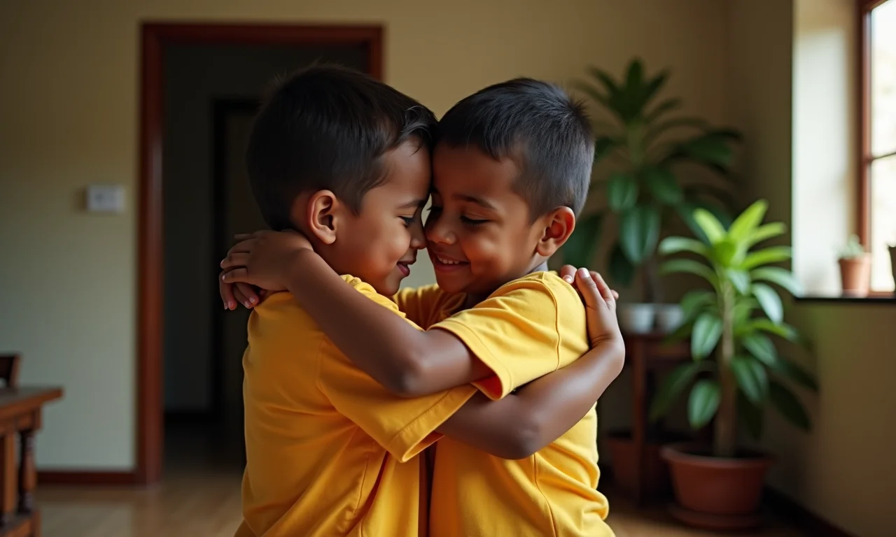 Irmãos adultos se abraçando após uma discussão.