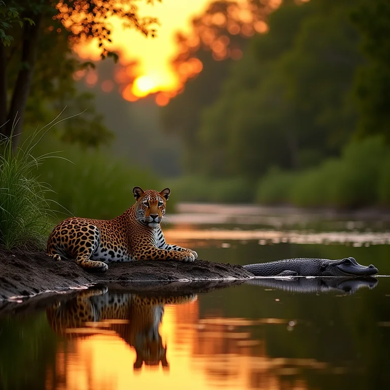 Jaguar descansando na margem do rio no Pantanal