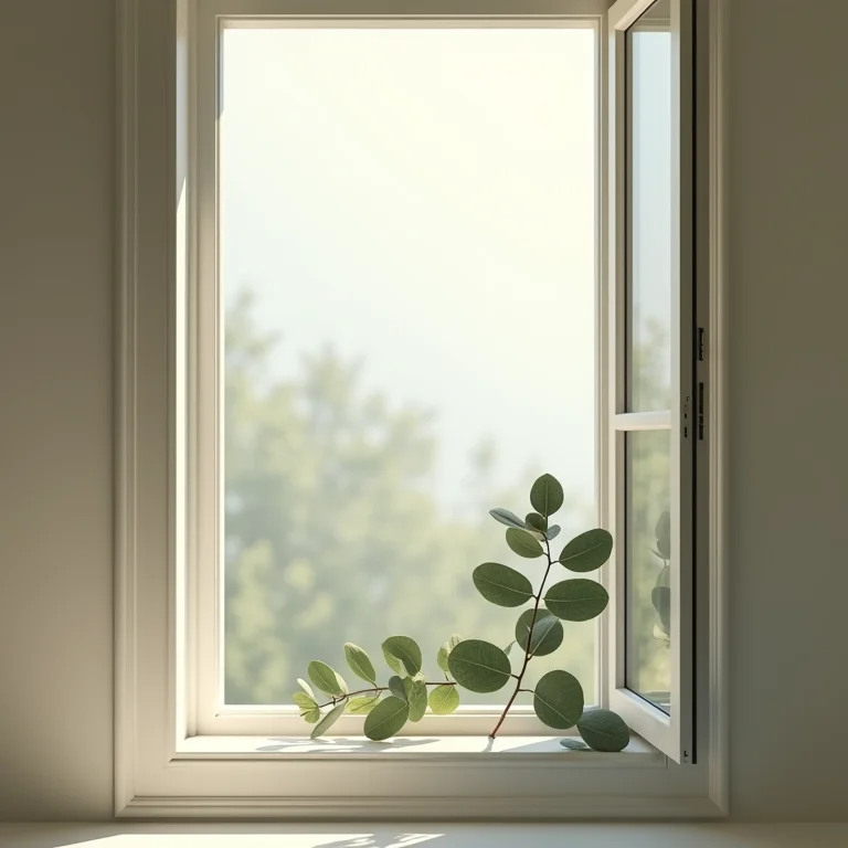 Janela do banheiro aberta para ventilação com um ramo de eucalipto