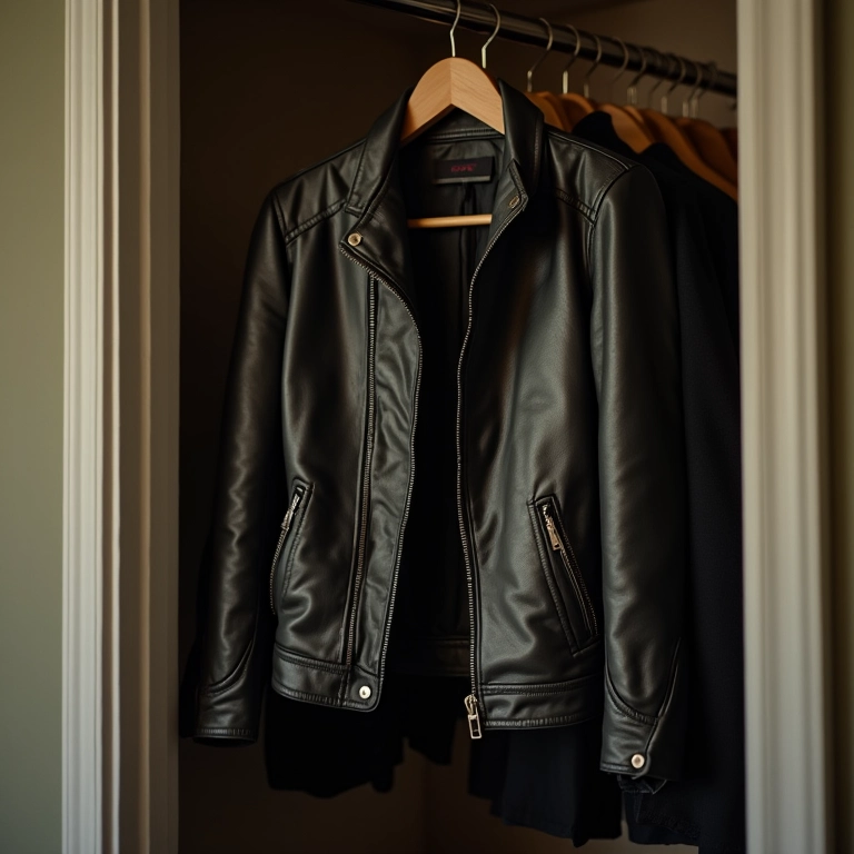 Jaqueta de couro sintético mofada em armário úmido.