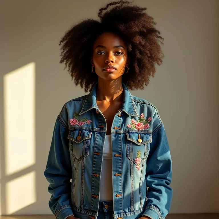 Jaqueta jeans customizada com bordado em mulher diversa