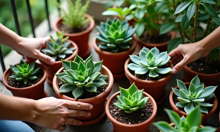 Jardim de suculentas em vasos de barro sob luz natural, varanda estilo Farm Rio.