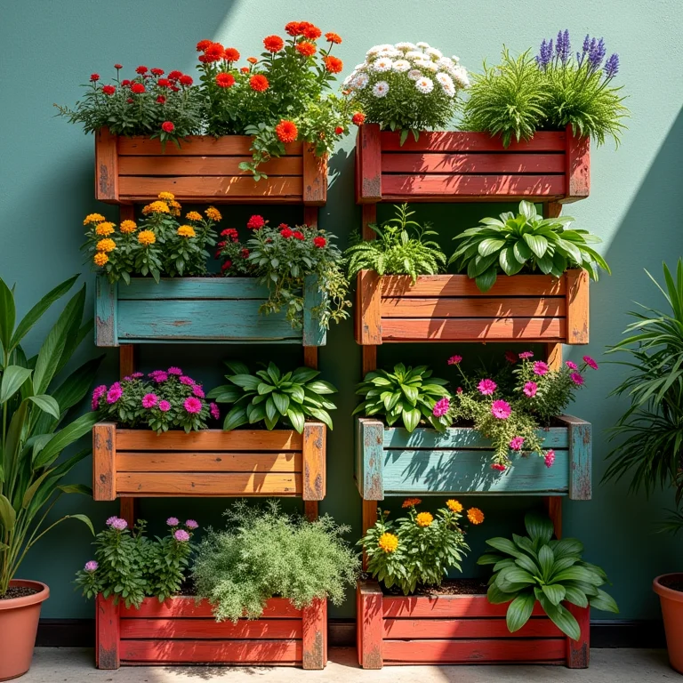 Jardim vertical cheio de vida feito de caixotes de feira pintados
