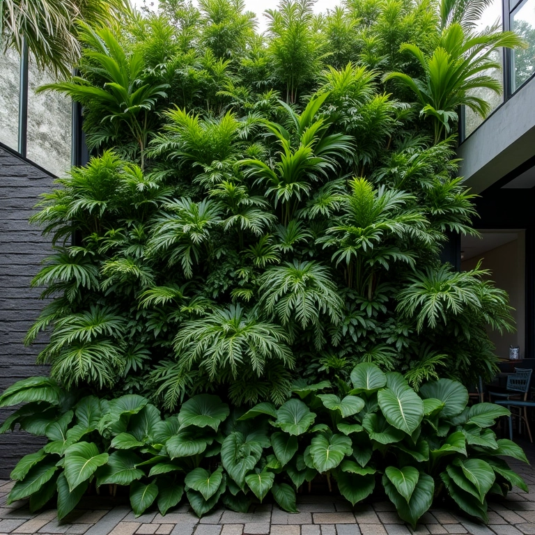 Jardim vertical com samambaias, arquitetura brasileira.