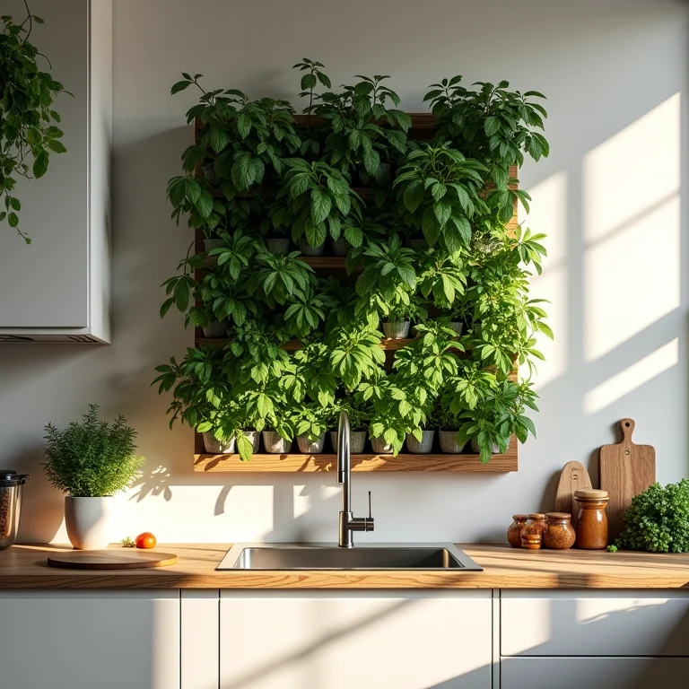 Jardim vertical com temperos frescos na cozinha