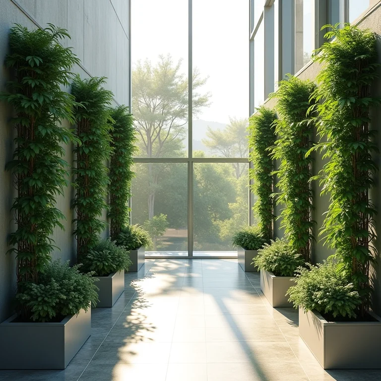 Jardim vertical com treliças e plantas trepadeiras