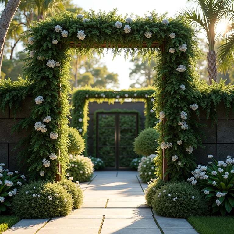 Jardim vertical com treliças e plantas trepadeiras