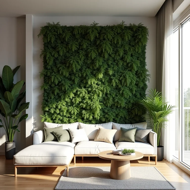 Jardim vertical como parede viva em sala de estar.