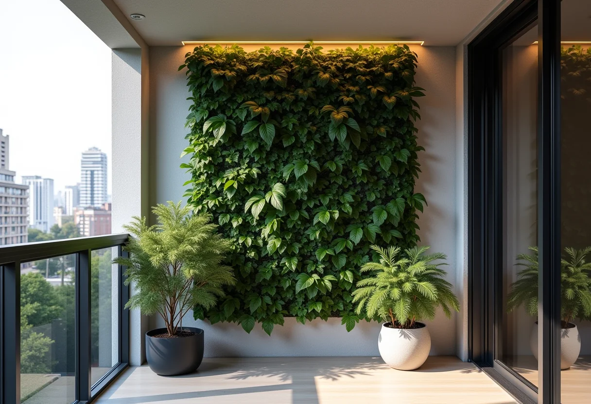 Jardim vertical exuberante em varanda de apartamento moderno