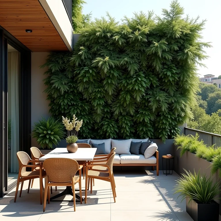 Jardim vertical exuberante em varanda gourmet.