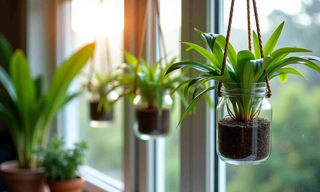 Jardins suspensos criados em potes de vidro pendurados perto de uma janela.