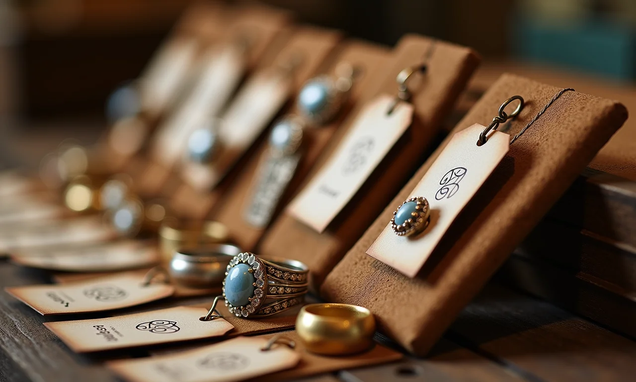 Jóias artesanais com etiquetas de preço claras.