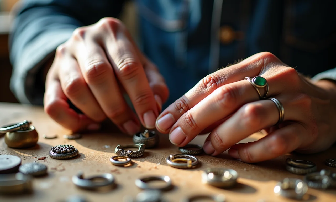 Joias artesanais com símbolos significativos, feitas à mão.