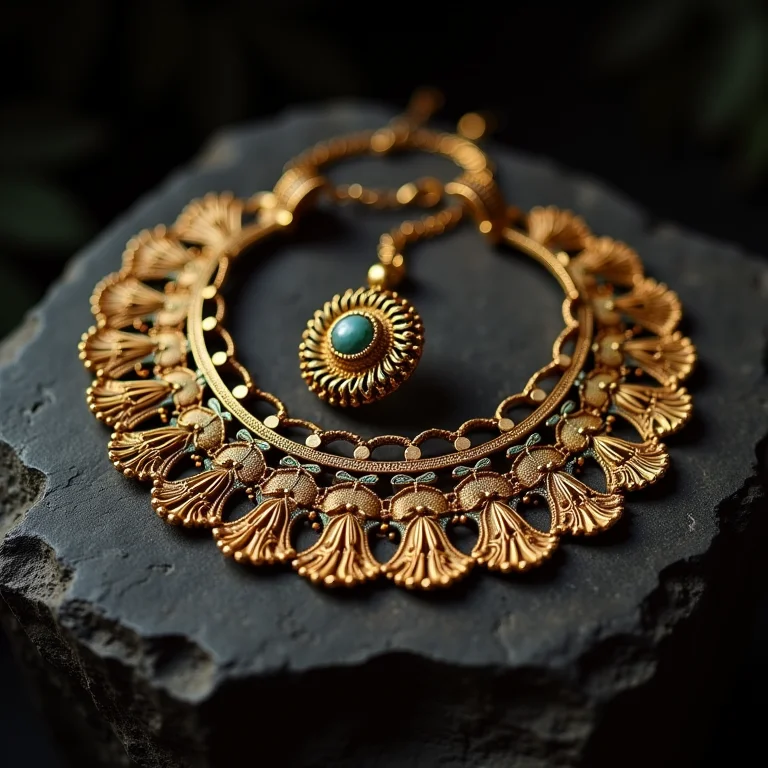 Jóias e vestimentas do antigo Egito exibidas em uma superfície de pedra escura.