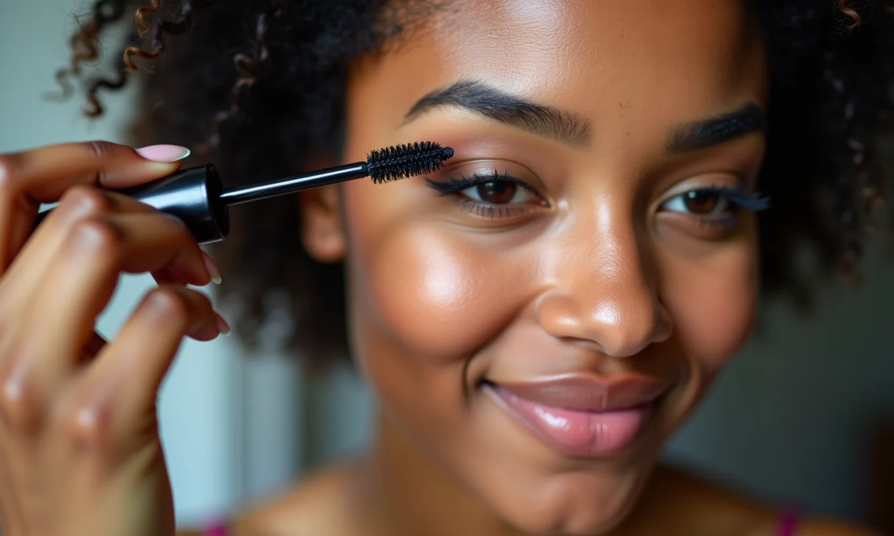 Jovem aplicando máscara de cílios da Marca Y, com foco nos cílios.