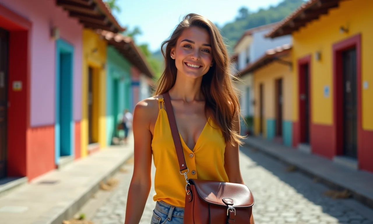 Jovem brasileira com bolsa tiracolo marrom em Salvador.