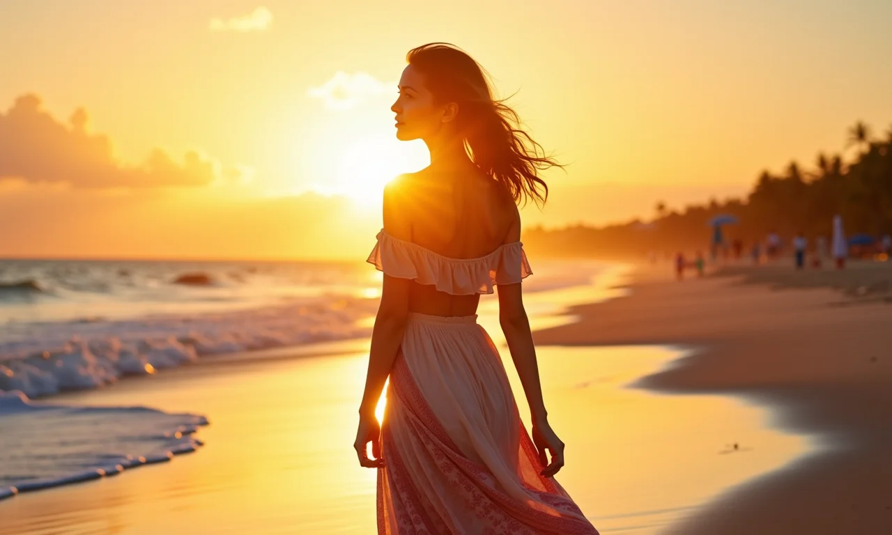 Jovem com saia longa e blusa ciganinha caminhando na praia na Bahia ao pôr do sol.