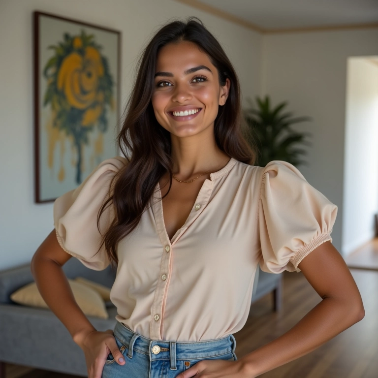 Jovem de quadril largo usando blusa com volume nos ombros, sorrindo em apartamento com arte brasileira.