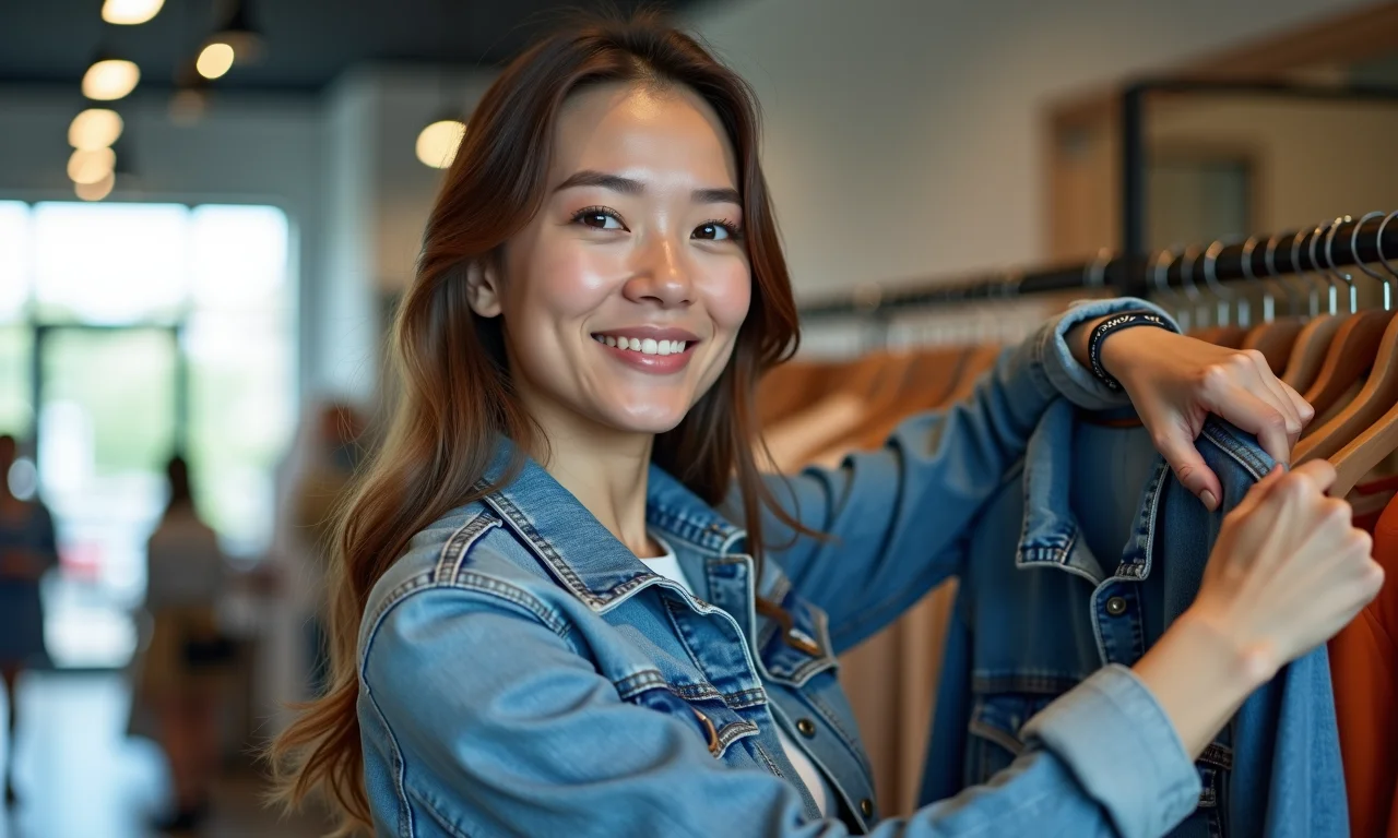 Jovem experimentando jaqueta jeans casual na Renner, com foco no estilo moderno e despojado.