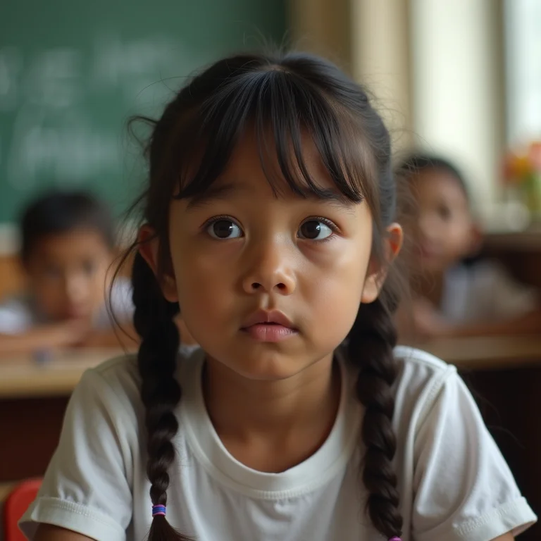 Jovem mestiça desatenta na sala de aula.