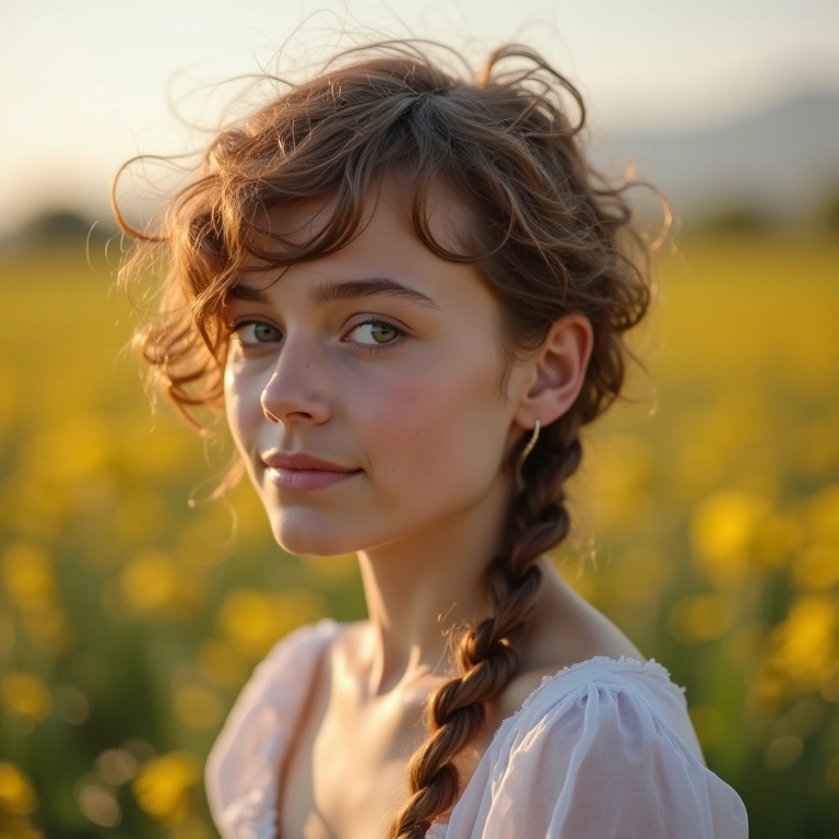 Jovem mulher com cabelo cacheado curto usando uma trança lateral soltinha.