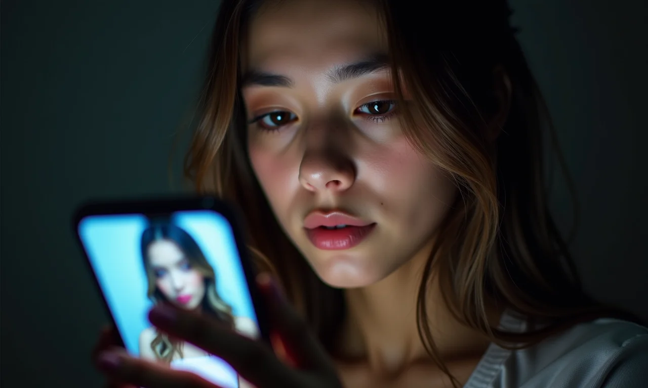 Jovem vendo um reflexo distorcido de si mesma na tela do celular.