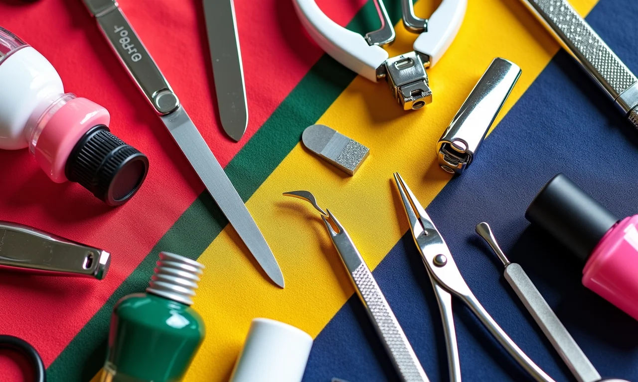 Kit de manicure com alicate, lixa, removedor de cutícula e esmaltes coloridos sobre tecido.