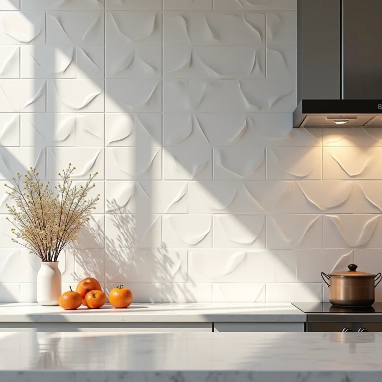 Ladrilhos 3D geométricos na parede da cozinha