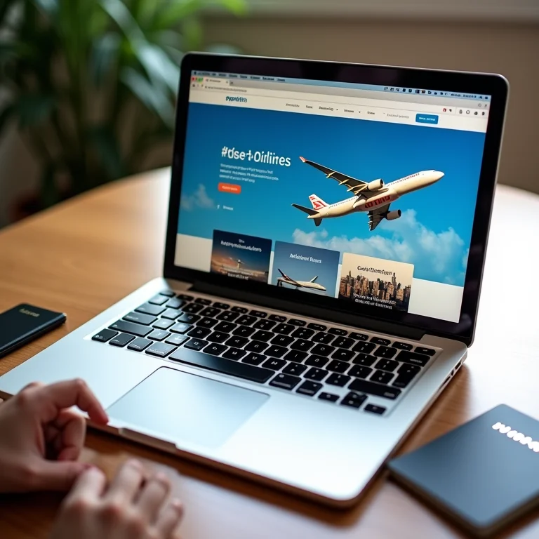 Laptop mostrando sites de companhias aéreas com passaporte e cartão de crédito