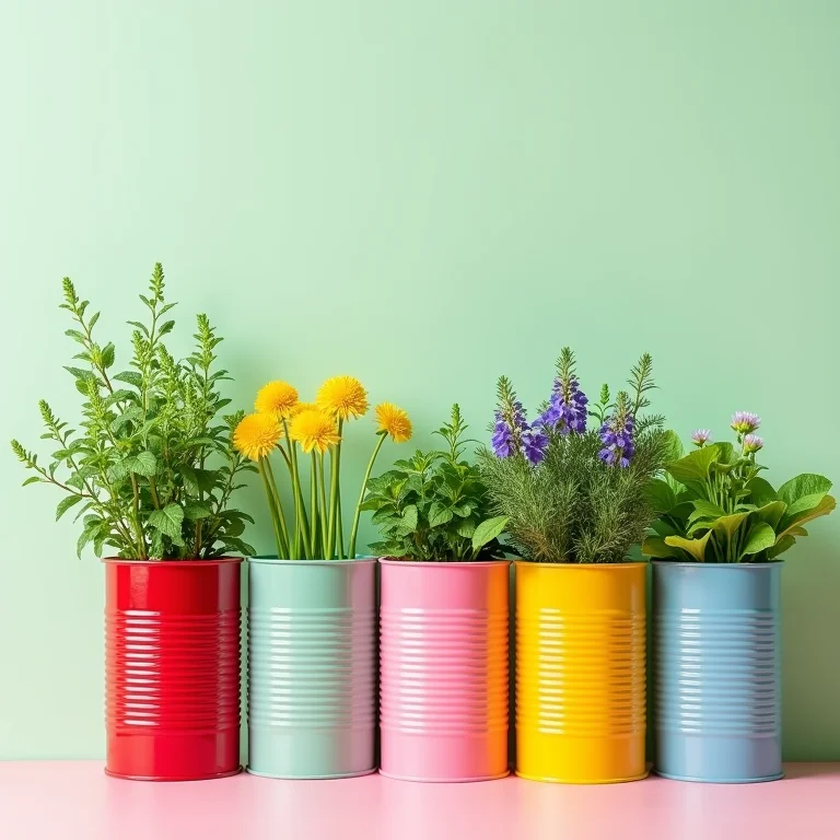 Latas de metal coloridas transformadas em vasos de plantas vibrantes.