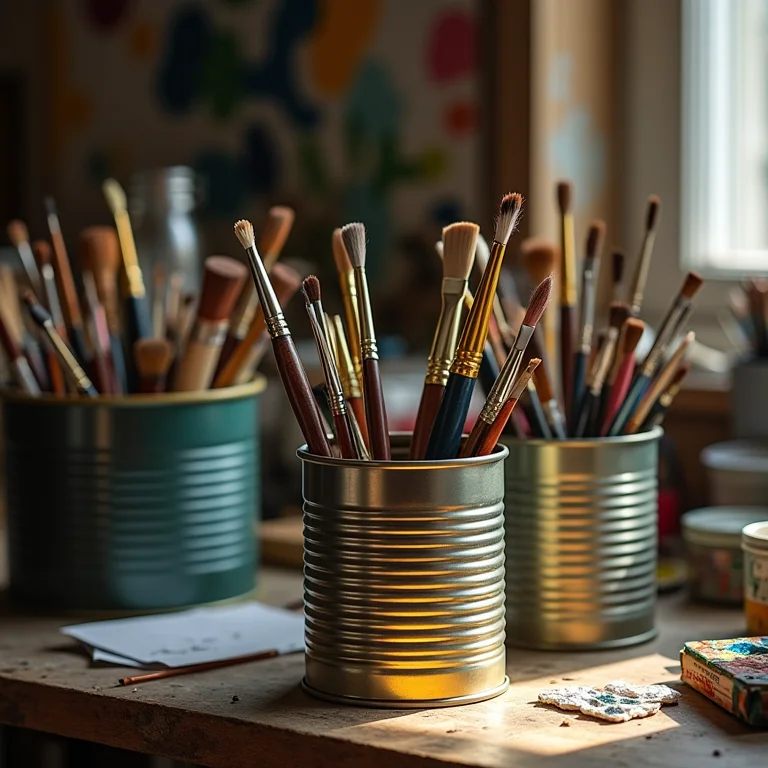 Latas de sardinha como porta-trecos no ateliê
