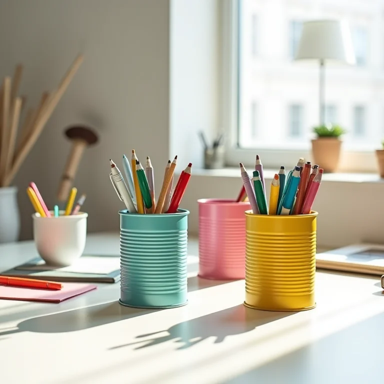 Latas decoradas como organizadores de escritório