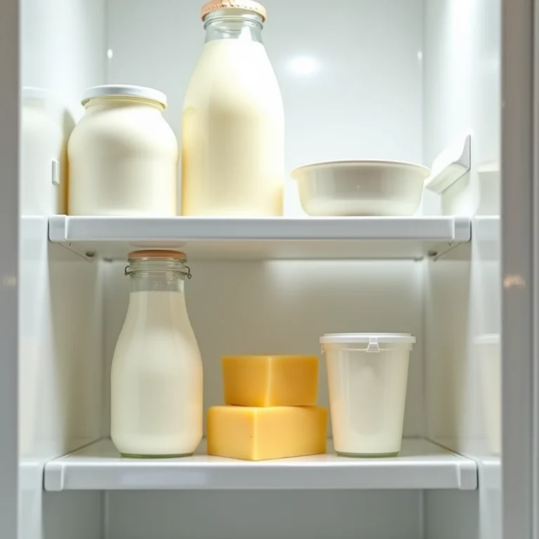 Laticínios organizados nas prateleiras superiores da geladeira.